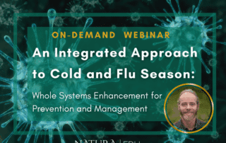 Webinar promotional graphic titled ‘An Integrated Approach to Cold & Flu Season’ featuring a seasonal background with natural botanical elements and the Natura EDU branding.